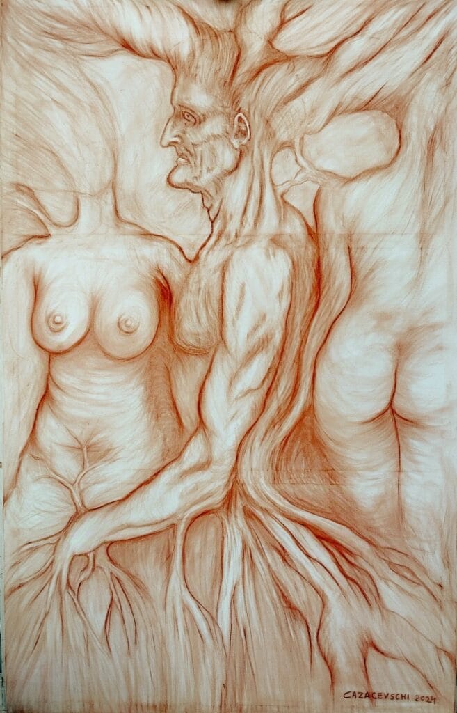 Surreal figurative drawing A fine art surrealist drawing by Valeriu Cazacevschi, featuring an unusual and thought-provoking dreamscape with distorted forms and vivid colors