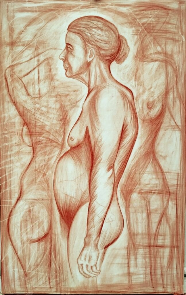 A detailed surreal figurative drawing by Valeriu Cazacevschi, created with ink and charcoal, showcasing contemporary surrealism and visionary artistry.