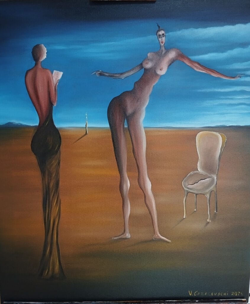 A mesmerizing contemporary surrealist painting by Valeriu Cazacevschi, featuring dreamlike imagery and rich textures, exemplifying Salvador Dali's fine art.