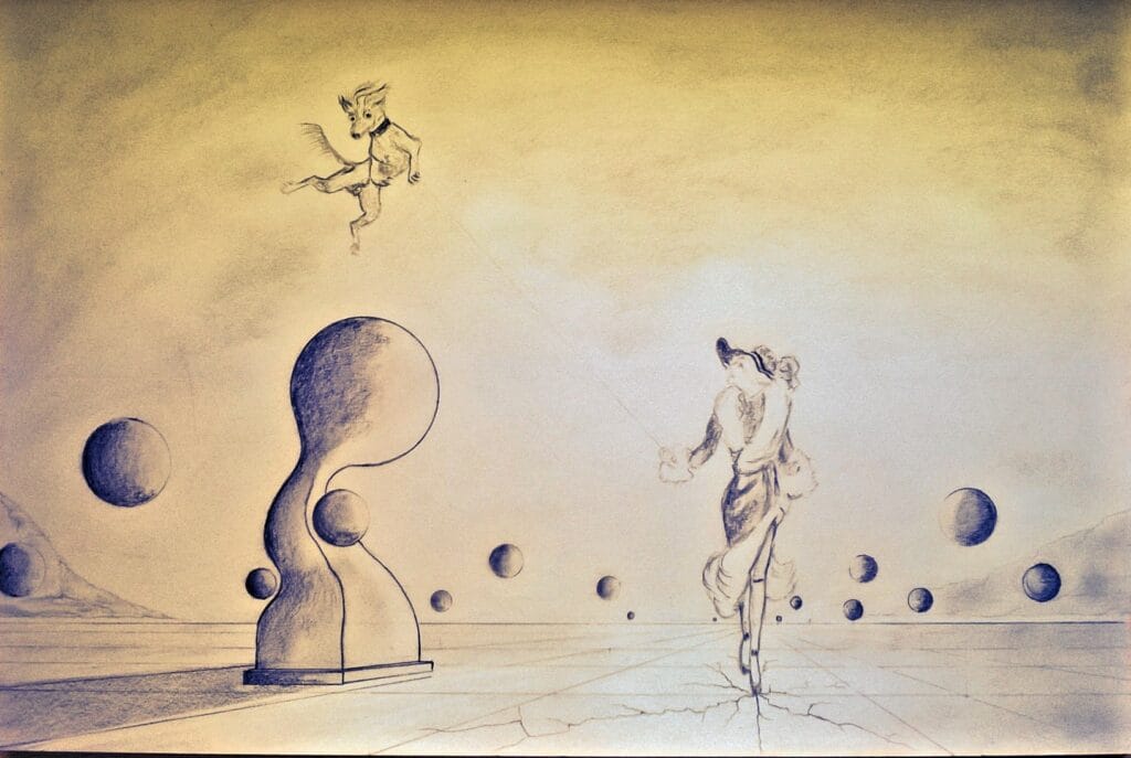 A detailed surreal figurative drawing by Valeriu Cazacevschi, created with ink and charcoal, showcasing contemporary surrealism and visionary artistry.