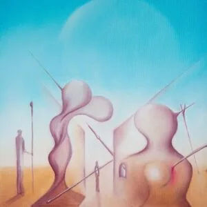 Surreal moon artwork with lone oracle, staff, distant planet and twin pillars – inspired by Salvador Dalí